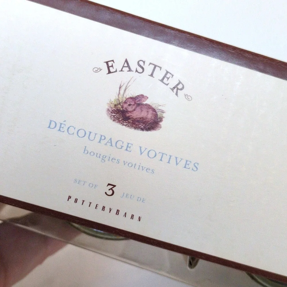 NIP Pottery Barn Bunny Rabbit‎ Easter Decoupage Votive Candles Set of 3 Floral